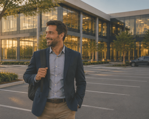 Profissional em estacionamento com vagas disponíveis em um centro empresarial